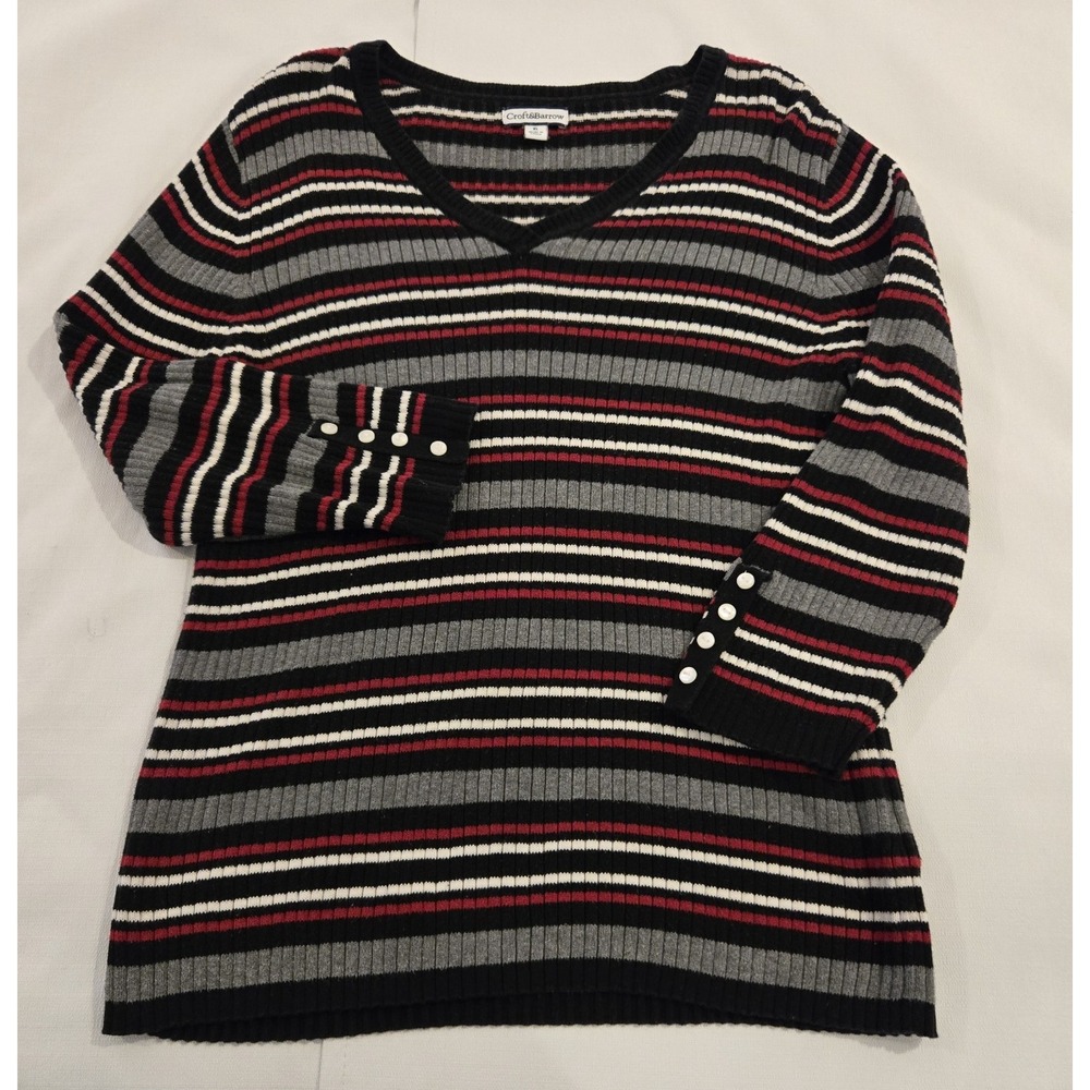 Croft & Barrow Women's Ribbed Striped V-neck 3/4 Sleeve Sweater Size XL